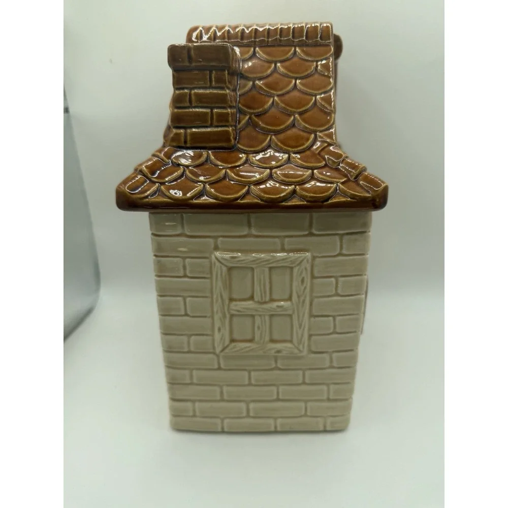 Vintage Japan Ceramic Cottage Cookie Jar Girl Brown Roof House Canister